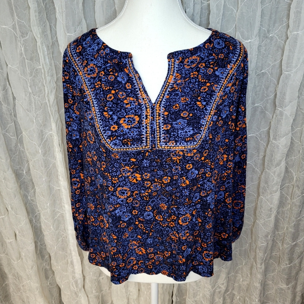 J. Jill Blue & Orange Floral V-neck Embroidered Cotton Tencel Boho Top